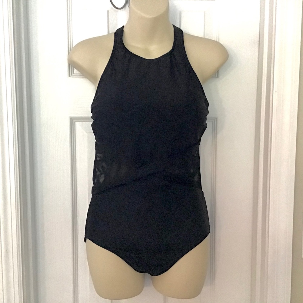 Coastal Blue Black Mesh Side Swimsuit Low Cut Back One Piece Size Medium - Picture 2 of 7